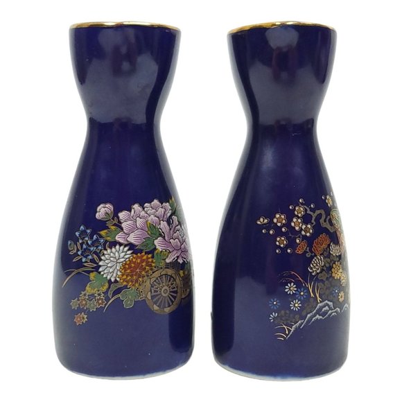 Unbranded Dining Vintage Japanese Cobalt Blue Sake Tea Bottles Floral 525 Flasks Made In